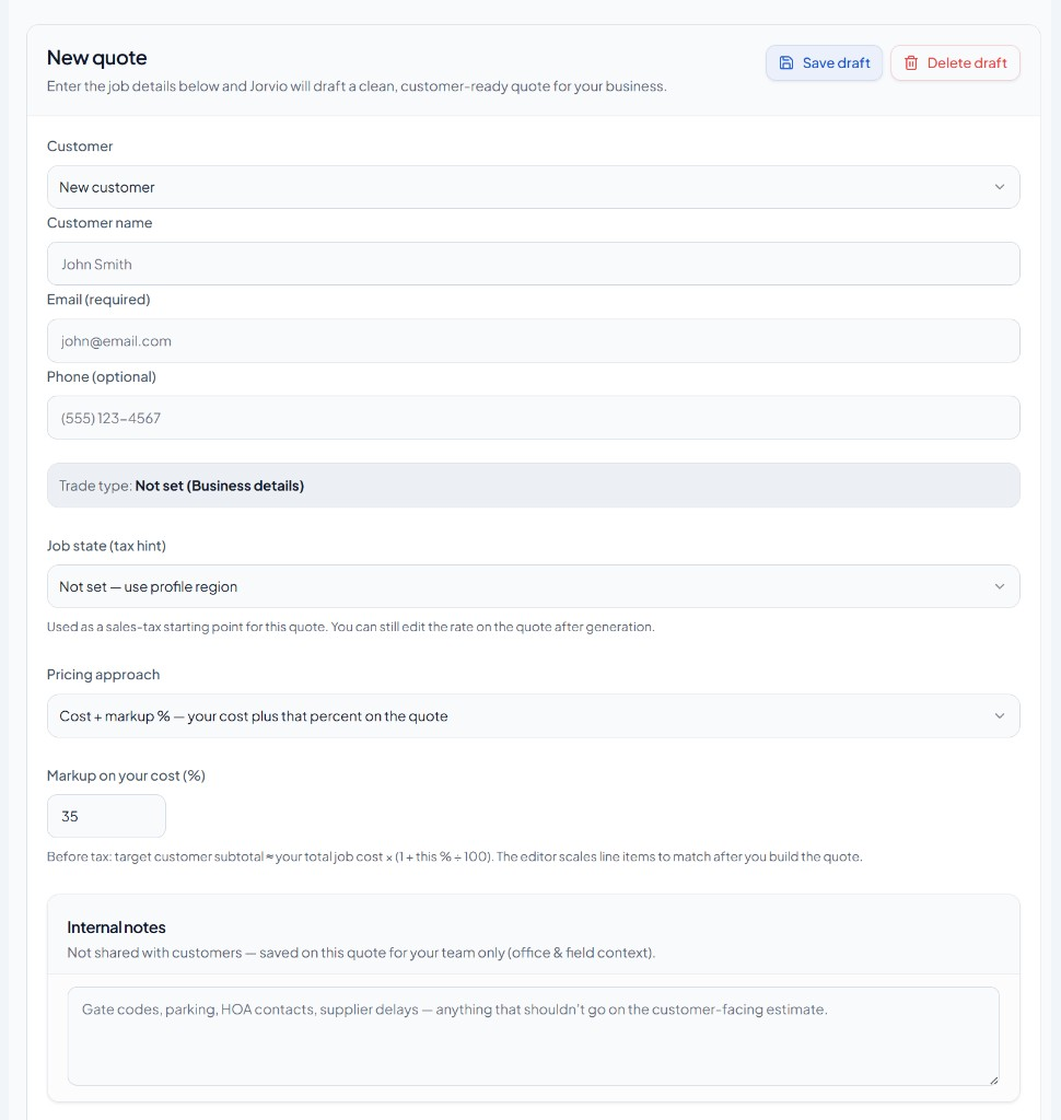 Jorvio new quote form: customer, trade, pricing, and internal notes (top)