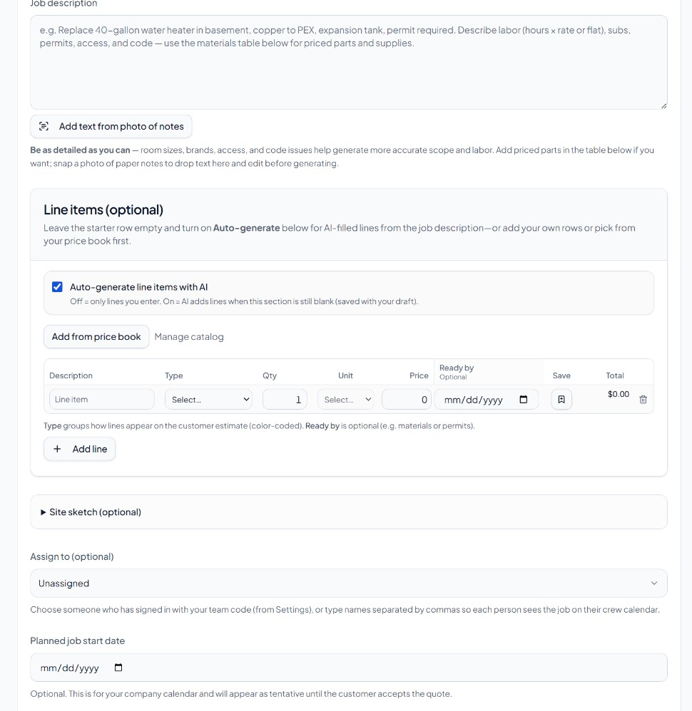 Jorvio new quote form: job description, line items, assign and dates (middle)